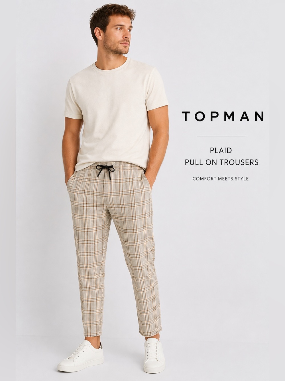 Topman Men’s Plaid Check Pull On Pants W32 Beige Brown Drawstring Trousers